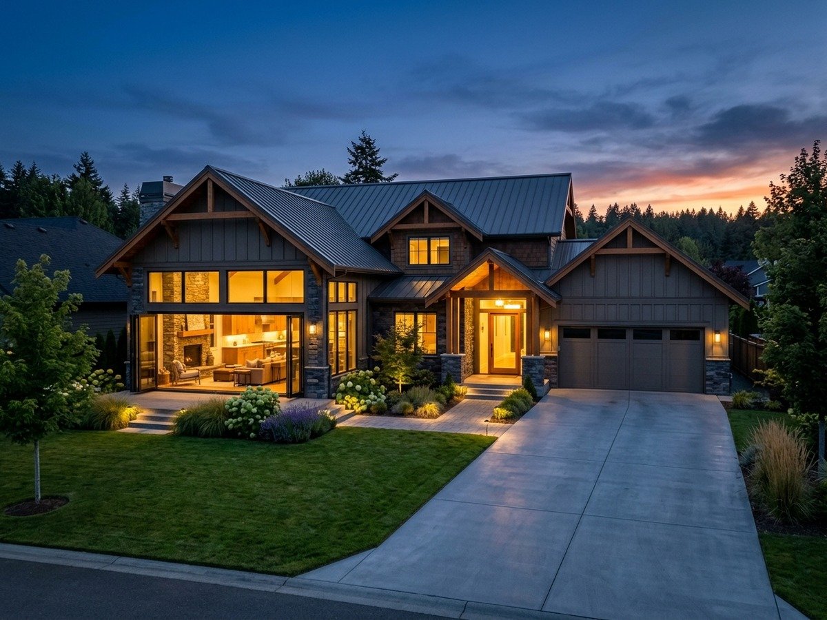 An upscale modern craftsman suburban home illuminated at twilight dusk