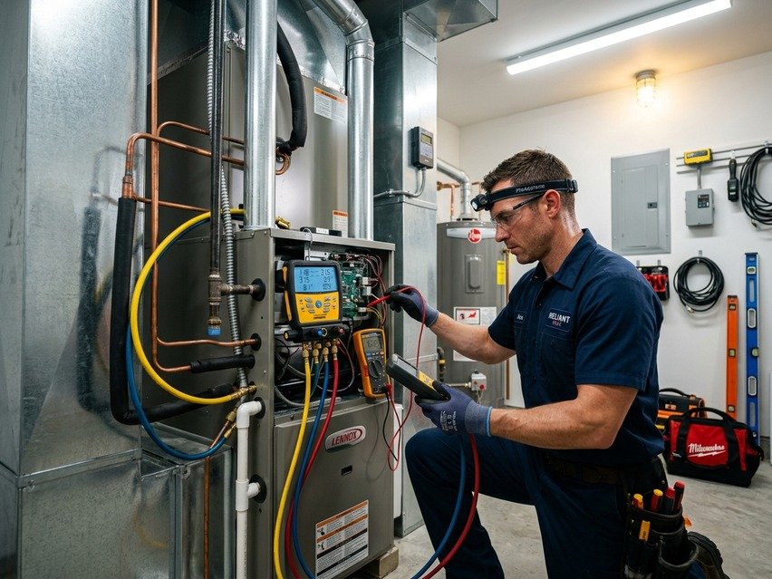 A professional HVAC master technician diagnosing high-efficiency residential heating and cooling equipment