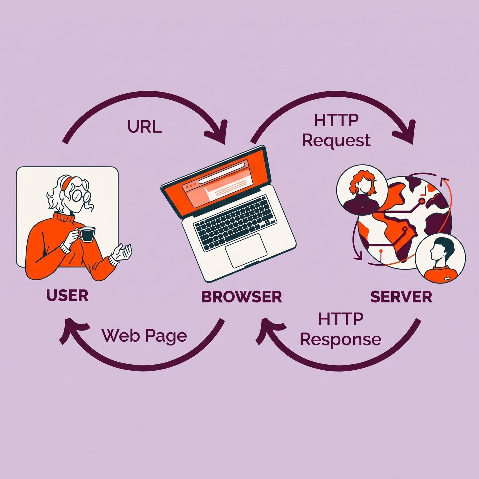Web application request and response workflow between user, browser and server